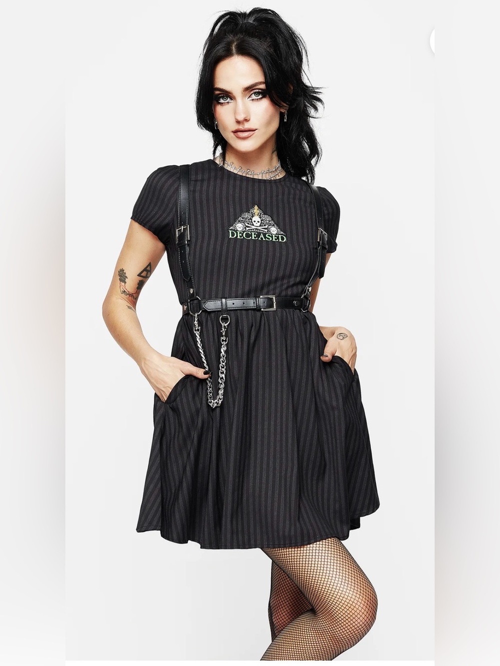 DISTURBIA “Deceased” Embroidered Striped Mini Skater Dress with pockets size 4 - Picture 2 of 7